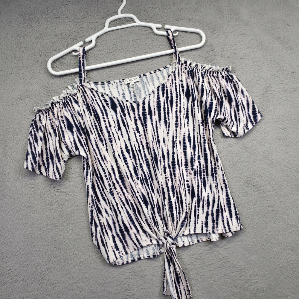 Luxology Top‎ Womens L Blue White Cold Shoulder Ruffle Tie Hem Tie Dye Stretch